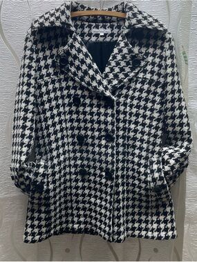 Marcona Houndstooth Pea Coat Womens P/S Black White Excellent Wool Blend Petite